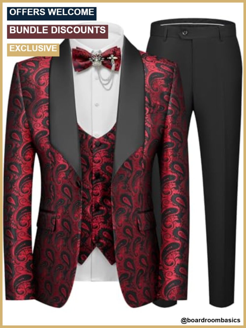 Mens 3 Piece Paisley Tuxedo Suit Slim Fit Shawl Lapel Wool Blend Formal Wedding